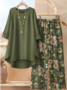 Ensemble 2 pièces femme grande taille, top asymétrique décontracté + pantalon large